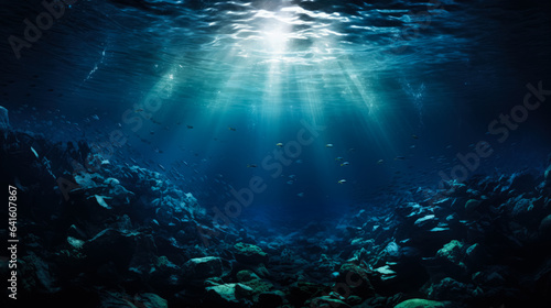 Swimming in a vast ocean on dark background with a place for text photorealism 