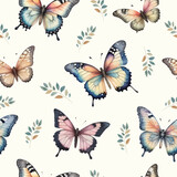 Watercolor Butterflies, Seamless Vintage Pattern Backdrop. Watercolor painted butterflies. Seamless pattern with flying butterflies, hand drawing. Generative AI