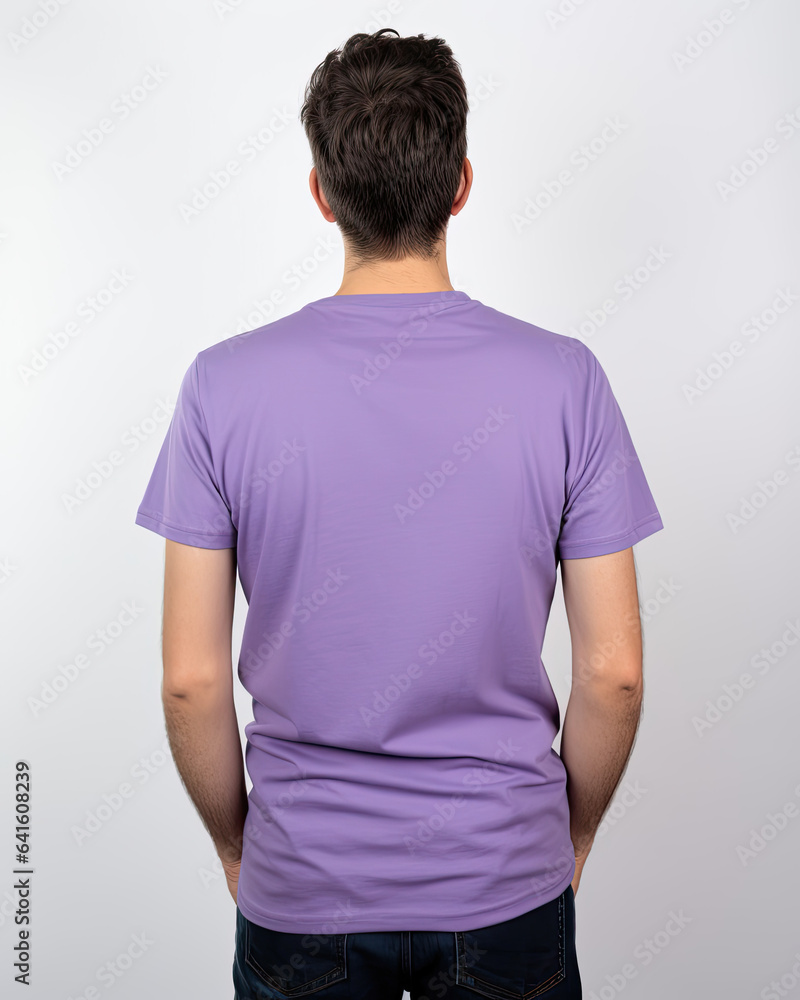 Man in lilac t-shirt for design showcase, back view Man in lilac t-shirt for design showcase, back view
