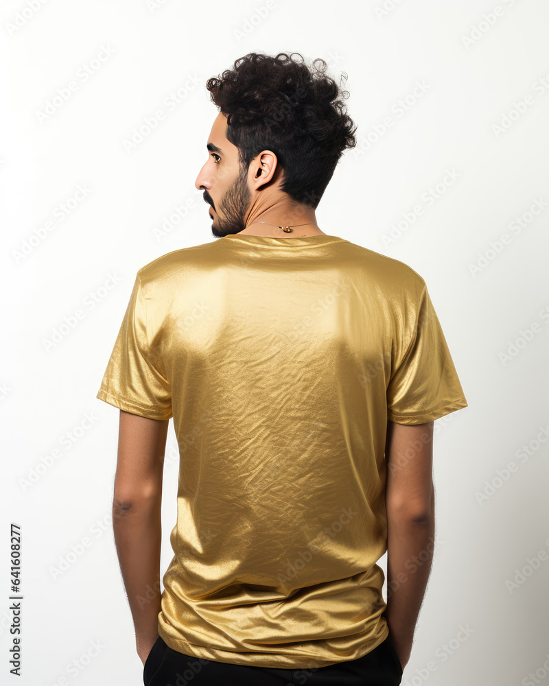 Man in gold t-shirt for design showcase, back view Man in gold t-shirt for design showcase, back view