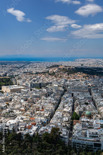 View from Lycabettus Hill viewpoint of the city of Athens Greece and the Mediterranean Sea.