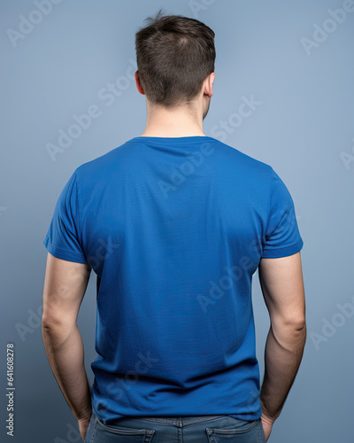 Man in blue t-shirt for design showcase, back view