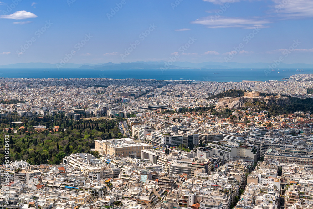 View from Lycabettus Hill viewpoint of the city of Athens Greece and the Mediterranean Sea.

