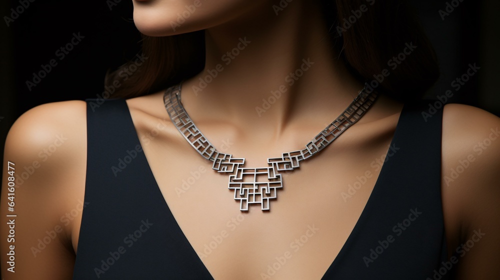 A woman wearing a necklace up close