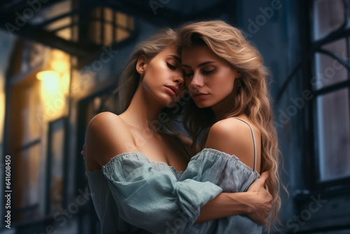Two girls in love look at each other. Hugs of girls in love © Uliana