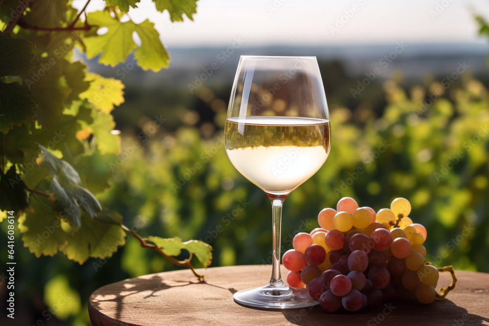 glass of dry White wine ripe grapes on table in vineyard