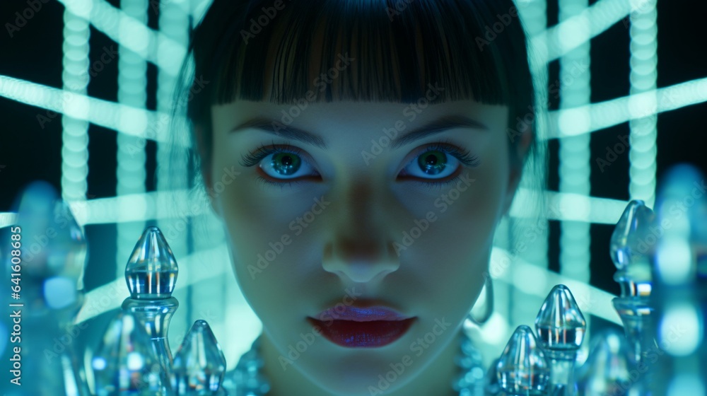 A woman with mesmerizing blue eyes gazing at her reflection in a mirror