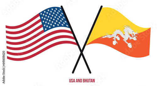 USA and Bhutan Flags Crossed And Waving Flat Style. Official Proportion. Correct Colors.