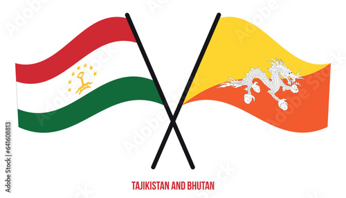 Tajikistan and Bhutan Flags Crossed And Waving Flat Style. Official Proportion. Correct Colors.