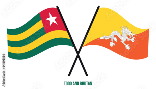 Togo and Bhutan Flags Crossed And Waving Flat Style. Official Proportion. Correct Colors.