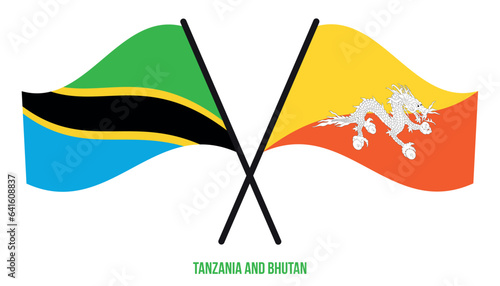 Tanzania and Bhutan Flags Crossed And Waving Flat Style. Official Proportion. Correct Colors.