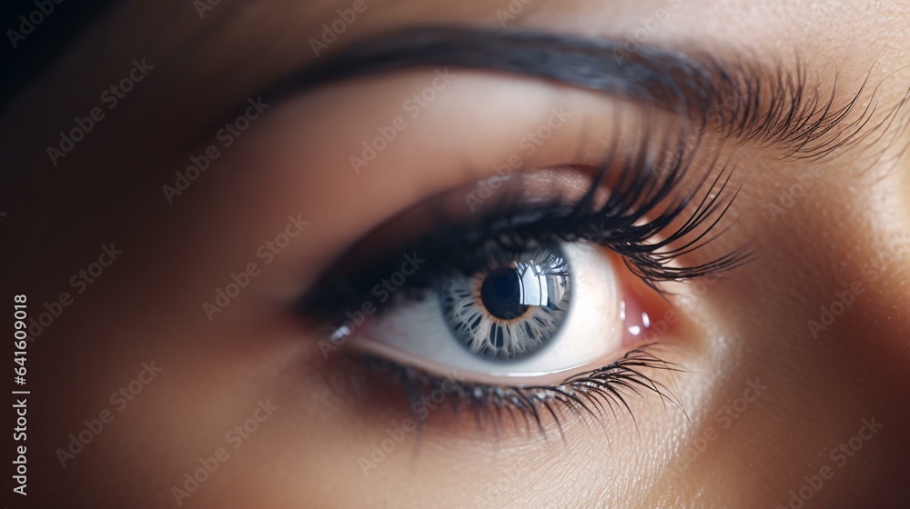 A woman's eye with long lashes in close-up A woman's eye with long lashes in close-up