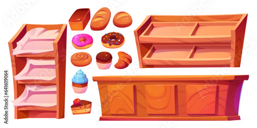Bakery shop interior with cake, donut and bread showcase cartoon set. Cafe store inside furniture with counter and shelves for dessert display design illustration. Empty shelf for french croissant