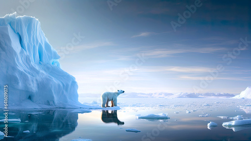 Isolated polar bear on a merging iceberg in the middle of the sea - Global warming photo