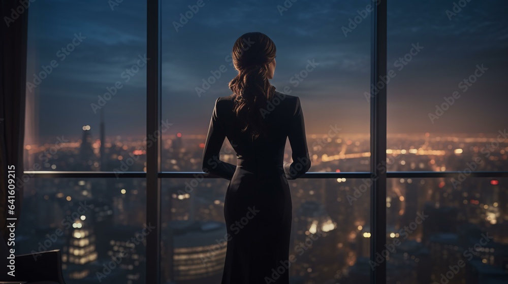 Fototapeta premium A woman gazing out of a window with a scenic city view in the background