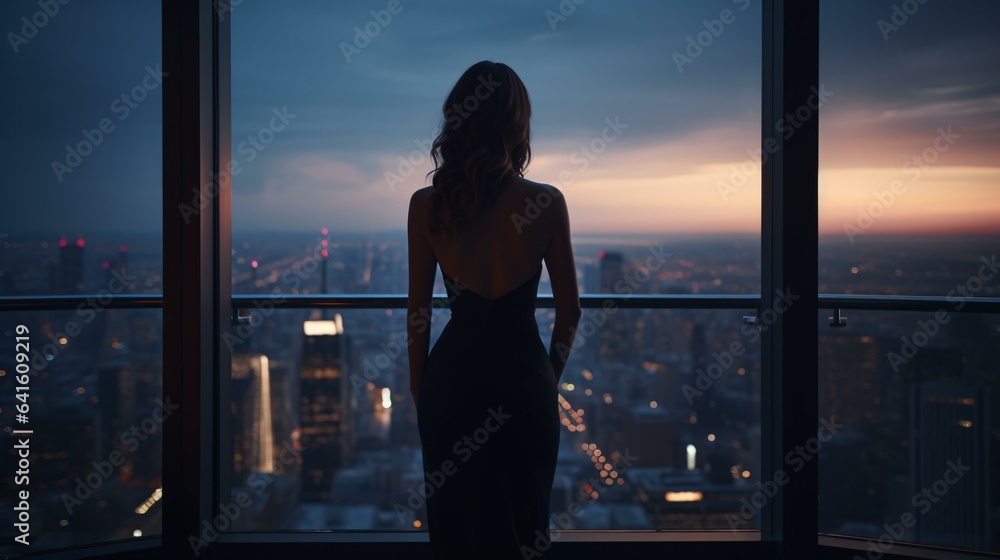 A woman enjoying a panoramic view of the city from a window A woman enjoying a panoramic view of the city from a window