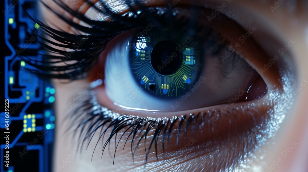 A person's eye with a futuristic circuit board backdrop