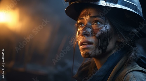 A woman working in construction covered in mud