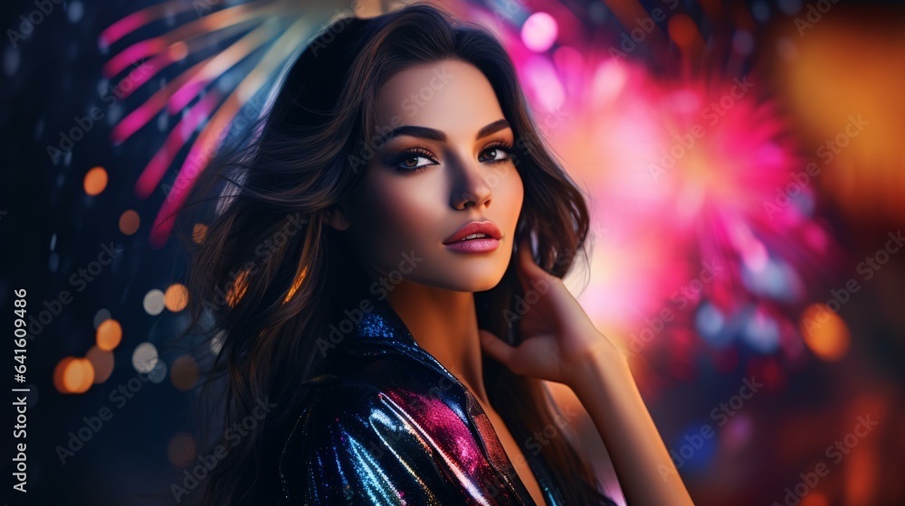 A stunning woman in a sparkling gown with a mesmerizing fireworks display in the backdrop