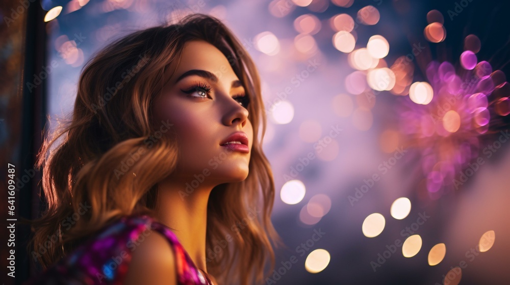 A woman mesmerized by a dazzling fireworks display A woman mesmerized by a dazzling fireworks display