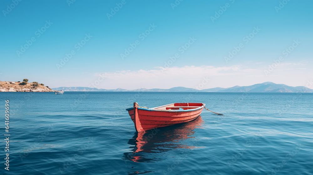 wooden red boat in the blue sea, mountains and nature in the distance and blue cloudless sky