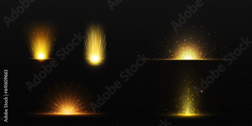 Golden explode glow effect - shine light rays with burst and sparkles. Sun or star flash with beam and glitter. Realistic vector illustration set of gold bright energy glare on transparent background.