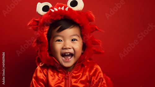 Little Asian boy in red dragon costume on red background with space for text