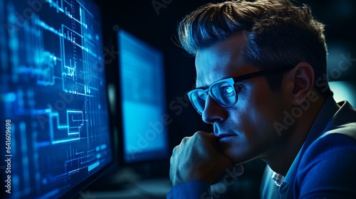 A man wearing glasses concentrating on a computer screen