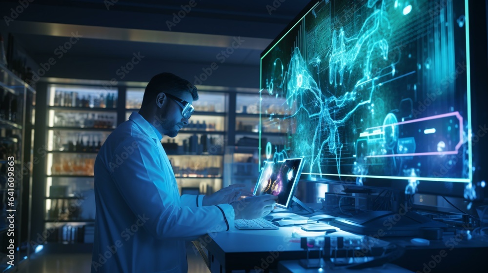 A scientist analyzing data on a computer screen in a laboratory