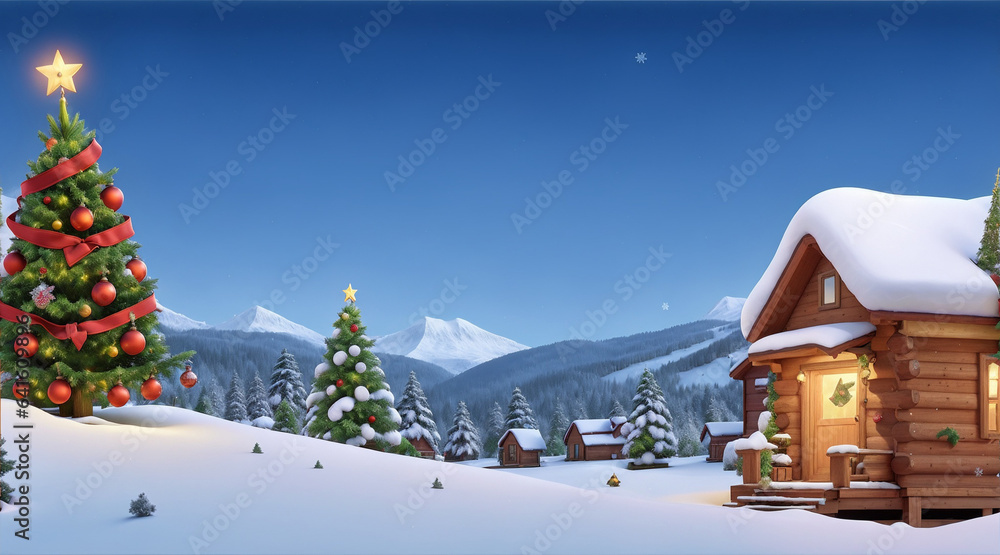 Fototapeta premium Christmas scene with Christmas tree beside wooden house and snowy hill
