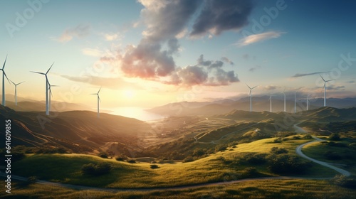 A picturesque sunset view of windmills on a hill