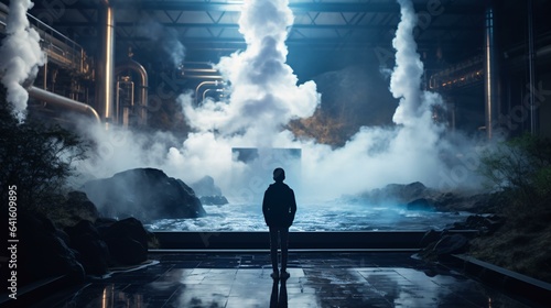 A man standing in front of a smoke-filled factory