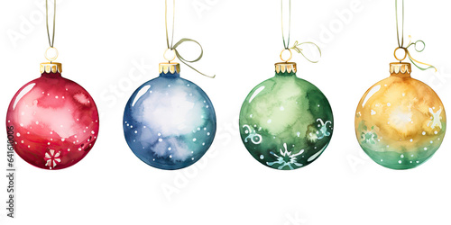 Watercolor christmas balls for decorations on white background, christmas Ornaments, new year decoration elements for invitation greeting card, flayer, story book and fairy tail