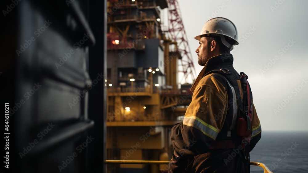 A man in a hard hat standing in front of an oil rig A man in a hard hat standing in front of an oil rig