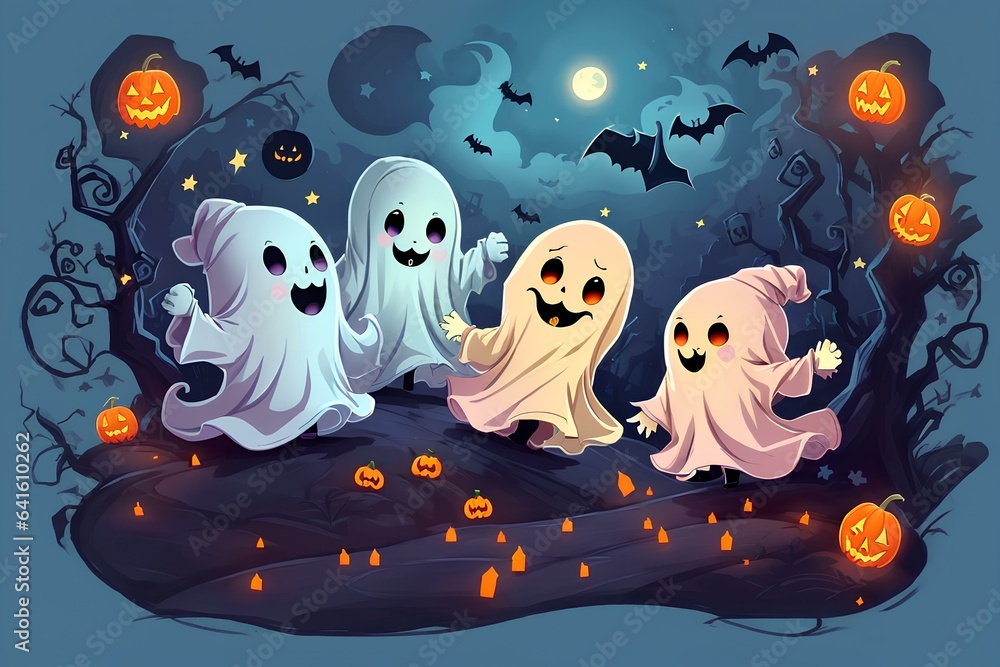 Obraz premium The Cute ghost with friend pumpkin and bats in Halloween