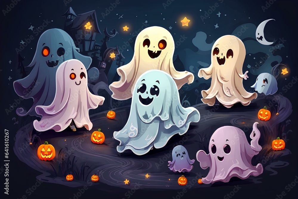 Obraz premium The Cute ghost with friend pumpkin and bats in Halloween