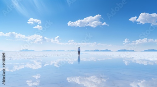 A person standing in the middle of a serene lake