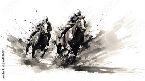 black and white background. horse racing sketch. horse racing tournament. equestrian sport. illustration of ink paints.