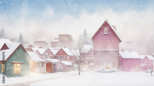 Photo Christmas and new year watercolor illustration winter landscape with snow falling © BornHappy