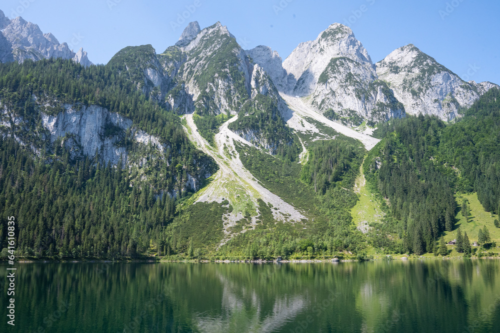 View of Gosausee. Reflection of the Alps mountains in Gosau lake. Austria, Europe.