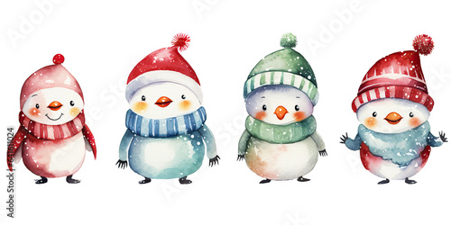 Set of watercolor penguin characters isolated on white background. cute penguins on winter snow custume for chtistmas decorations, kids decorative elements for christmas backgrounds photo