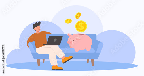 Happy millionaire Sitting on the sofa with Laptop.While Money Come