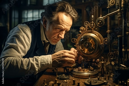 A skilled craftsman repairing a clock in a well-lit workshop