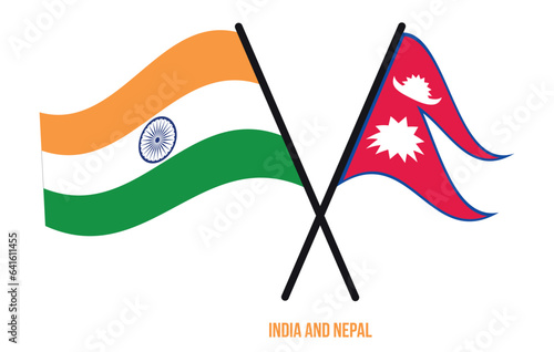 India and Nepal Flags Crossed And Waving Flat Style. Official Proportion. Correct Colors.