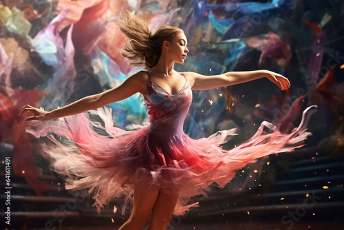 A woman gracefully dancing in a vibrant pink dress