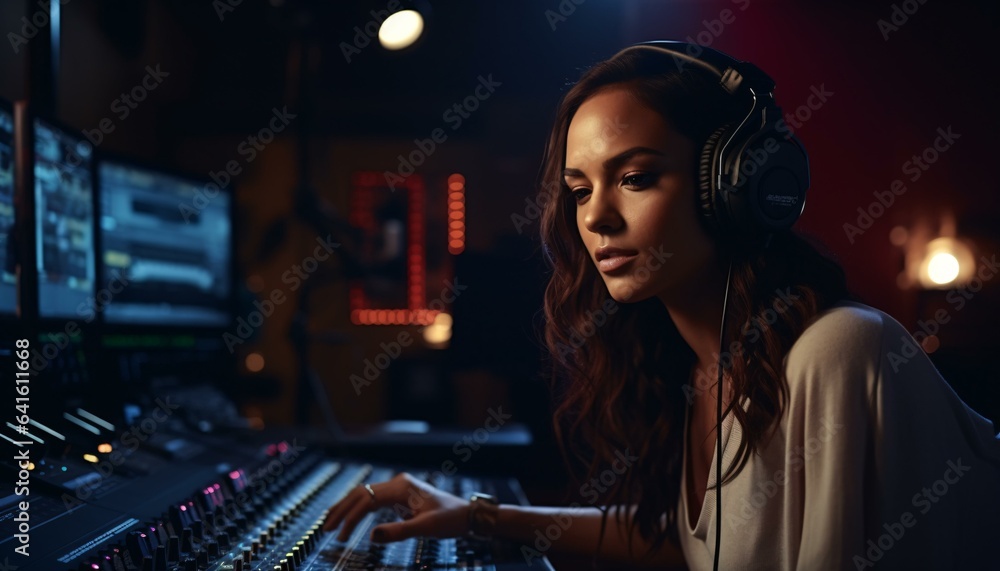 A woman at a mixing desk wearing headphone A woman at a mixing desk wearing headphone