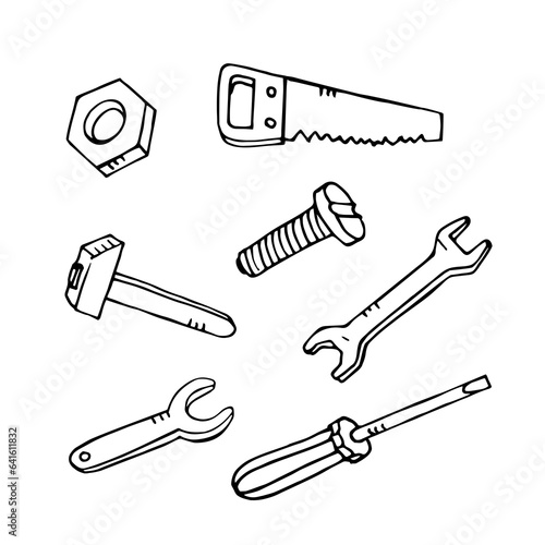 Vector handdrawn construction tools: saw, hammer, screws, screwdriver, nut, wrench. Great element for design.