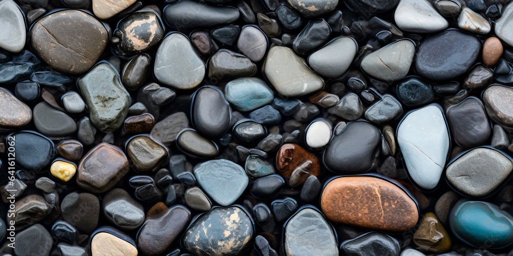River rocks or stones in a small creek or stream with water flowing. Seamless tiled pattern. Naturally polished and rounded river pebbles create a repeating background texture. - obrazy, fototapety, plakaty 
