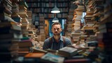Photo of a man surrounded by a library full of books