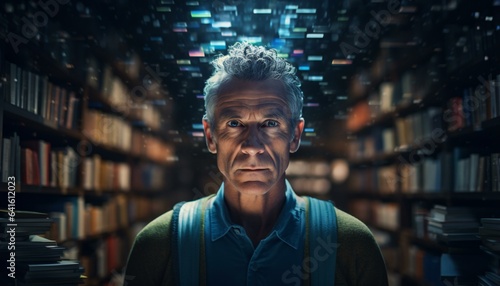 Photo of a man standing in front of a bookshelf filled with books